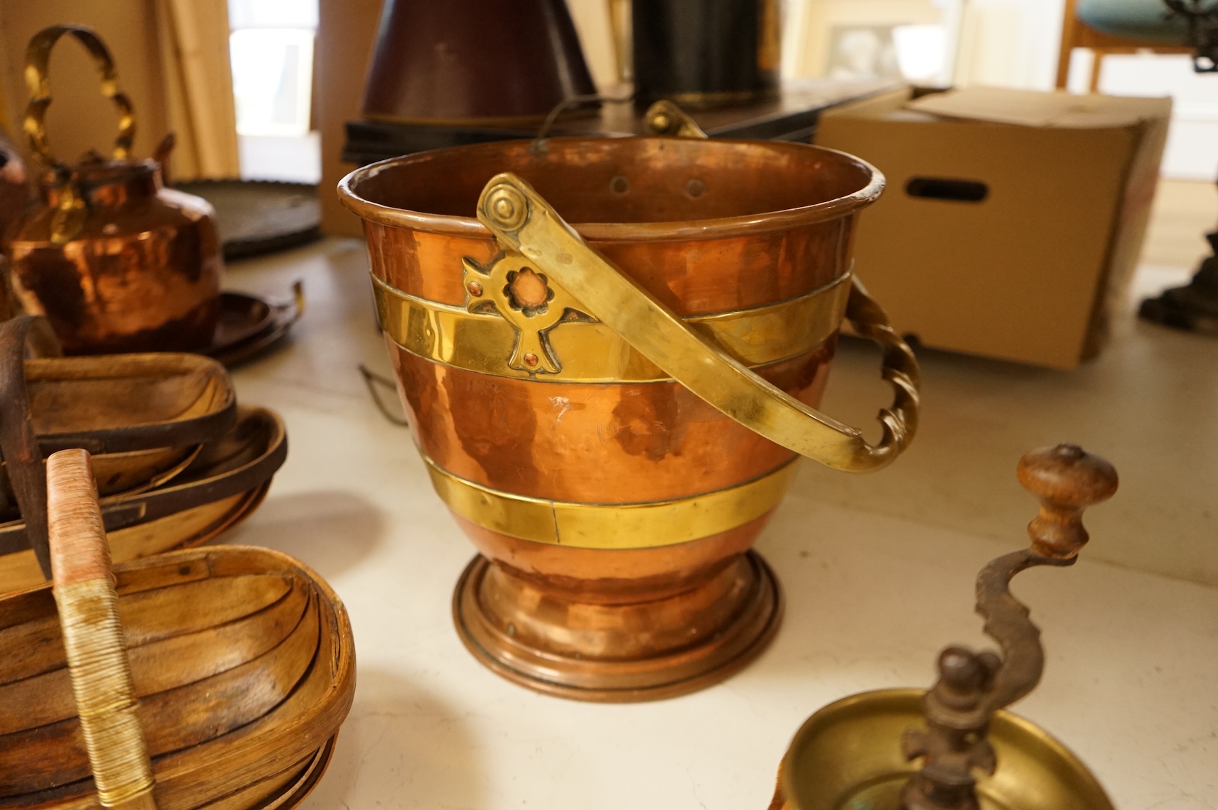 Assorted Victorian and later copper and brassware including two ships portholes, copper kettle pots, etc (16). Large porthole 36cm diameter